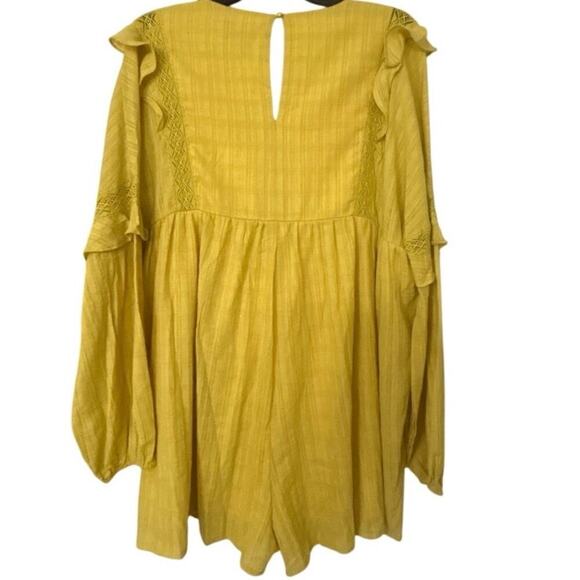 Lumiere Cotton Gold V Neck Puff Sleeve Ruffle Relaxed Fit Shorts Romper New Med - Picture 3 of 13